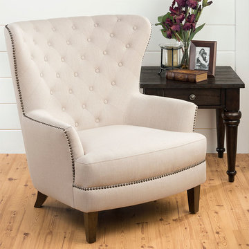 Jofran Conner Oversized Wing Back Accent Chair with Antique Brass Nailheads and