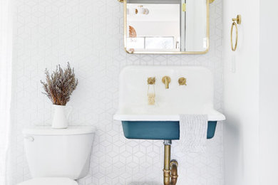 Inspiration for a small coastal 3/4 white tile and ceramic tile cement tile floor and blue floor bathroom remodel in Los Angeles with white walls, a wall-mount sink and a two-piece toilet