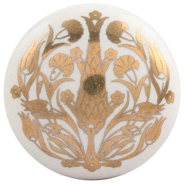 Set of Four Golden Flower Flat Ceramic Drawer Knobs