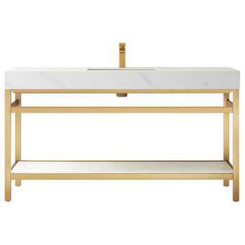 Funes Bath Vanity without Mirror, Brushed Gold Support, 60'' Single Sink, White Stone Top
