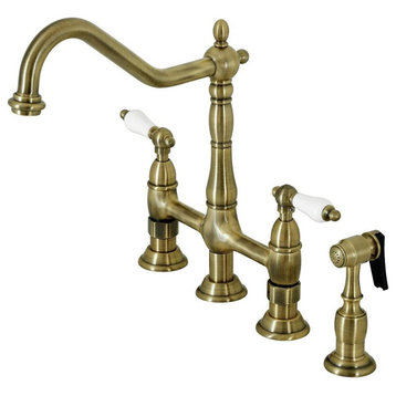 Classic Kitchen Brass Faucet, 2-Lever Design & Side Sprayer, Antique Brass