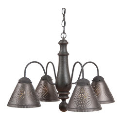 Colonial Wood Wrought Iron Chandeleir Punched Tin Shade, Black - Chandeliers