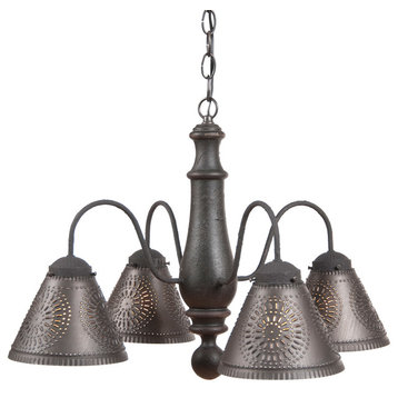 Colonial Wood Wrought Iron Chandeleir Punched Tin Shade, Black