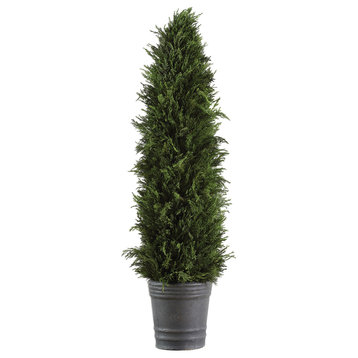 Tall Preserved Cypress Evergreen Topiary Tree, Permanent Greenery Cone Pot