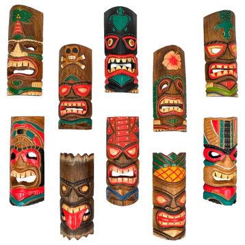 Set of 10 Hand-Carved Tropical Island Style Tiki Masks Decorative Wall Hangings