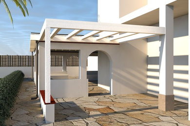 Esempio di un giardino formale costiero esposto in pieno sole di medie dimensioni e nel cortile laterale in estate con un ingresso o sentiero e pavimentazioni in pietra naturale