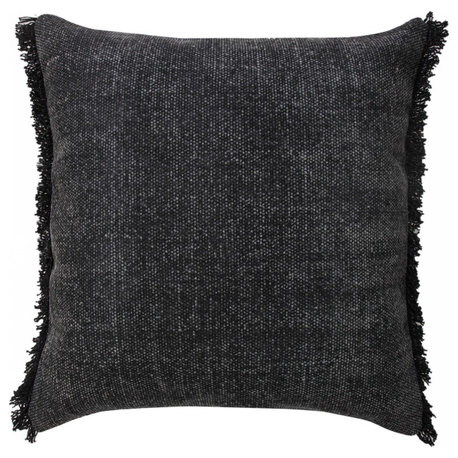 Muted Black Solid Stonewash Throw Pillow With Fringe, 20" X 20"