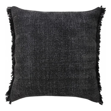 Muted Black Solid Stonewash Throw Pillow With Fringe, 20" X 20"