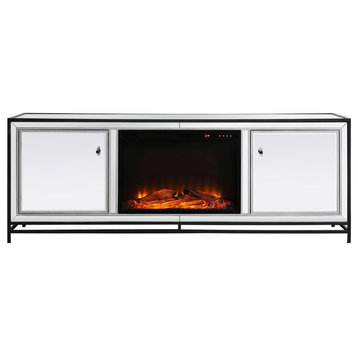 Elegant MF70172BK-F1 James 72" Mirrored Tv Stand With Wood Fireplace, Black