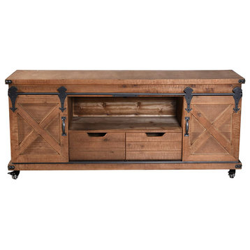 Rustic TV Stand With 4 Casters, 2 Sliding Barn Doors & 2 Drawers, Natural Brown