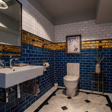 Blue, White & Gold Subway Tiled Bathroom