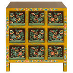 Golden Lotus - Oriental Distressed Yellow Brown Flower 9 Drawers End Table Nightstand - This is a handmade Chinese accent decorative end table nightstand with distressed yellow rim and dark brown base color on the drawers. The front handpainted with oriental flower graphic.