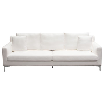 Seattle Loose Back Sofa in White Linen  Polished Silver Metal Leg