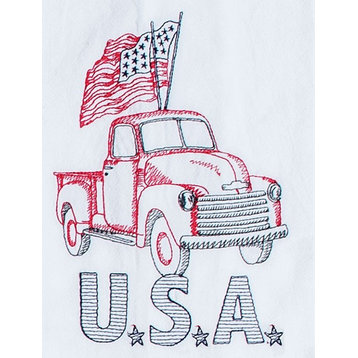 Pickup Truck with Flags USA Patriotic Embroidered Flour Sack Kitchen Dish Towel