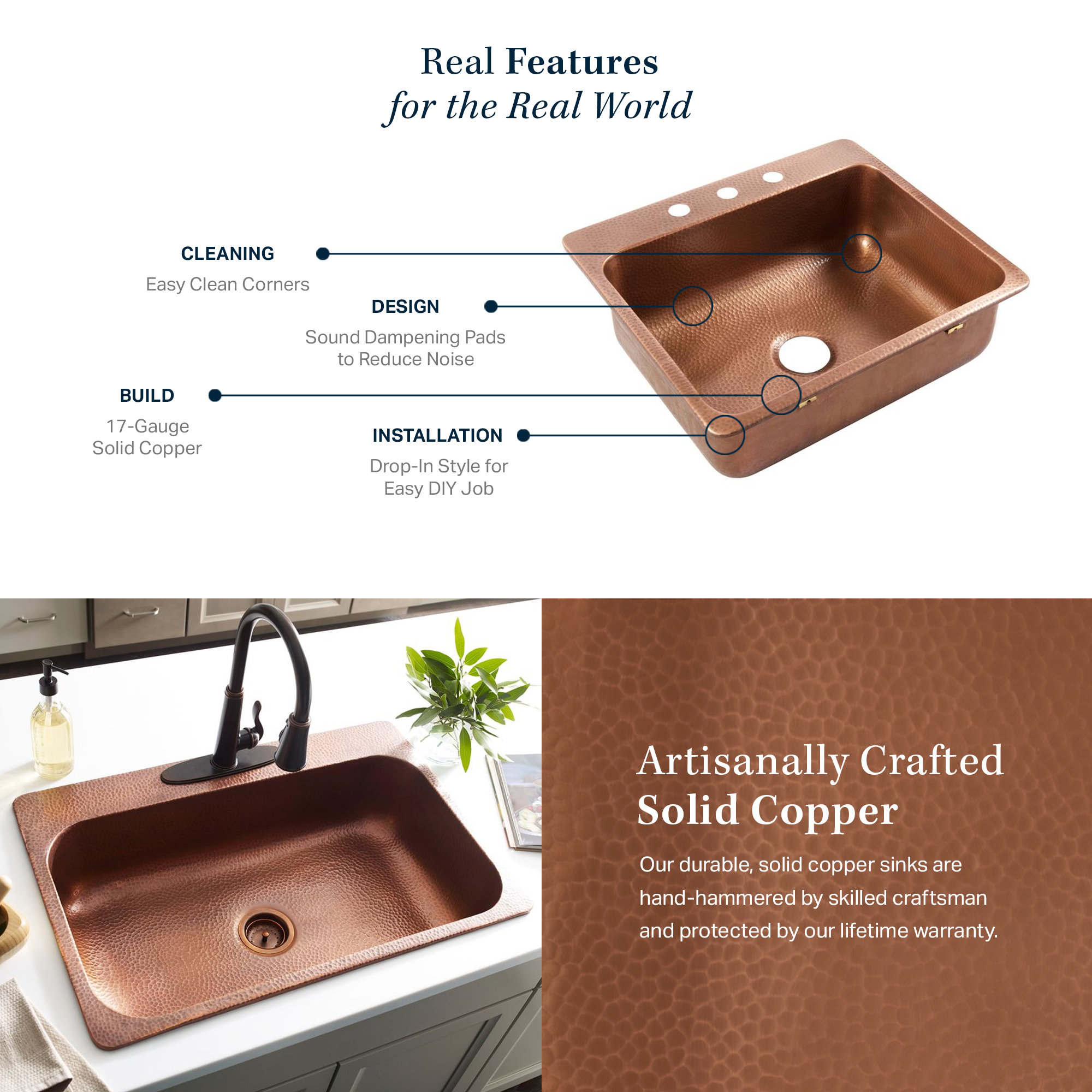 Angelico Copper 25" Single Bowl Drop-In Kitchen Sink With 4 Holes