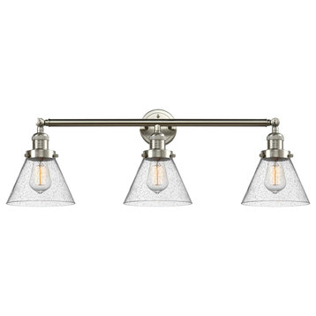 Large Cone 3-Light Bath Fixture, Seedy Glass, Satin Brush Nickel