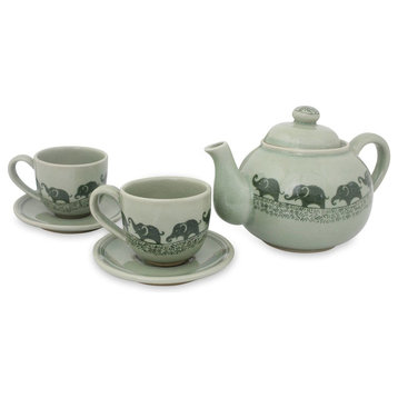 Novica Happy Elephants Celadon Ceramic Tea 4-Piece Set