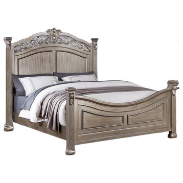 Aza Traditional Wood Queen Size Bed, Leaf Carvings, Champagne Gold Finish
