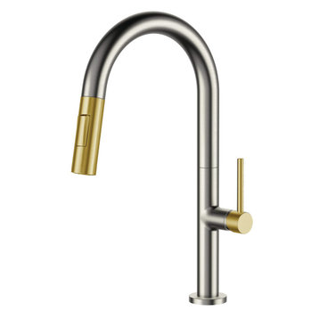 Fine Fixtures Pull Down Single Handle Kitchen Faucet, Satin Nickel/Satin Brass