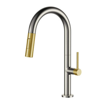 Fine Fixtures Pull Down Single Handle Kitchen Faucet, Satin Nickel/Satin Brass