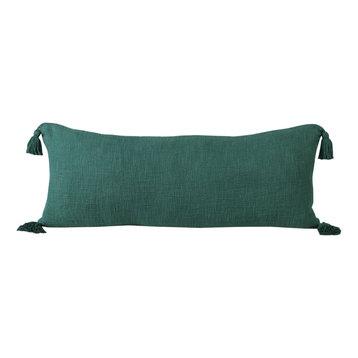 Unique Neutral Solid Cotton Throw Pillow with Tassels, Emerald Green, 14" X 36"