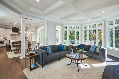Huge transitional open concept dark wood floor and gray floor family room photo in DC Metro with beige walls, a standard fireplace and a stone fireplace