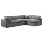 Meridian Furniture - Comfy Upholstered L-Shaped Modular Sectional, Grey, 4-Piece: 2 Armless Chair, 2 Corner Chair, Velvet - Give your space a whole new look with this grey Comfy velvet sectional. This handsome sectional fits nicely with other items in the Comfy collection and is a versatile seating option designed for adaptability, comfort and style. Wrapped in rich grey durable velvet upholstery, this sectional offers a plush embrace of overstuffed down feather cushions, carefully crafted to deliver the highest level of comfort. The perfect seat for creating an oasis for relaxation, this sectional has thick foam surrounding its frame for added support and coziness.