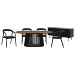 Armen Living - Pasadena Apache 6-Piece Oval Dining Set, With Buffet Walnut and Black Oak Finish - Bring the timeless style of the mid-century era into your home with the Pasadena Apache 6 Piece Oval Dining Set. This set includes 1 Pasadena 79" Wood Oval Dining Table, 4 Apache Black Oak Wood and Faux Leather Dining Chairs, and 1 4 Door Wood Buffet Cabinet. Crafted with meticulous attention to detail, the oval shape of the table brings a touch of sophistication. With a generous tabletop length of 79 inches and a width of 43 inches, this dining room table features a beautiful solid wood base and concrete bottom for added stability. The Apache chairs showcase a sophisticated blend of Black Oak Wood and Faux Leather, creating a sleek and timeless aesthetic. Their contemporary design ensures they seamlessly integrate into various interior styles, elevating the ambiance of any space. The versatility of these chairs extends beyond the dining room; they make for stylish additions such as vanity chairs or accent pieces, enhancing the aesthetic appeal of any room. The retro allure of mid-century design is present in the slatted paneling on the column structure of the pedestal base, further elevating its appeal, whilst lending its unmistakable character and attractive, architectural-like quality. The buffet is a seamless blend of form and utility. The four-door design opens to reveal ample storage space with two levels of shelves, ideal for keeping your dining essentials organized and within easy reach. Two matching wooden shelves are included, offering an elegant display area for showcasing your cherished dinnerware or decorative items. The shelves are adjustable to 3 available heights, allowing you to customize the interior to accommodate items of various sizes, ensuring a clutter-free and visually appealing space. Use it as a stylish sideboard, an entry cabinet that welcomes guests with its polished charm, or a versatile storage cabinet in the kitchen. Each piece of this 6-piece dining set offers multifunctional appeal and due to the craftsmanship and quality materials it&rsquo;s comprised of, it can be enjoyed for many years to come. The Pasadena Apache 6 Piece Oval Dining Set comes complete with the Apache Black Oak Wood and Faux Leather Dining Chairs, the Pasadena 4 Door Wood Buffet Cabinet with Black Oak Finish and one of 2 different color variations for the Pasadena table. This oval dining table is available in an all-black oak finish, or a walnut tabletop finish with a black base to suit any room.