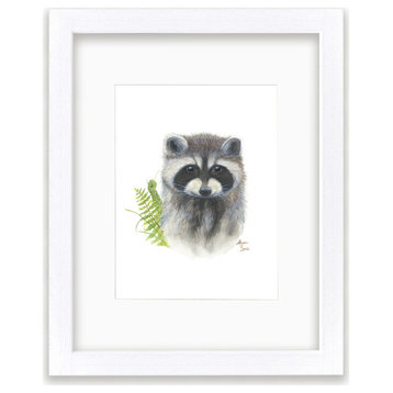 "Woodland Littles 2" Raccoon Framed Print, With Mat, White, 18"x24"
