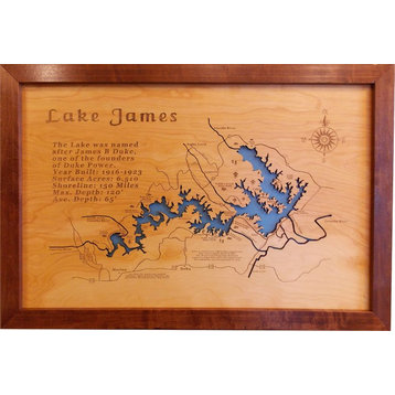 Wood Map Wall Hanging, Lake James North Carolina, Framed, Medium