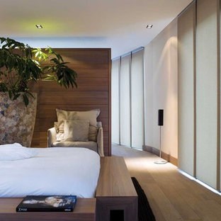 Esempio di una grande camera matrimoniale etnica con pareti bianche, parquet chiaro e nessun camino