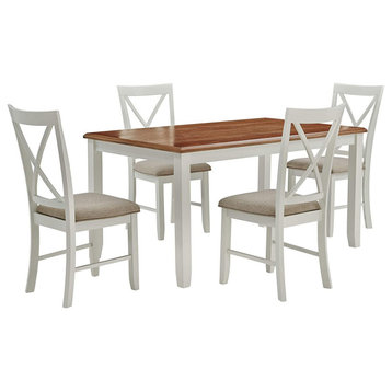 5 Pieces Farmhouse Dining Set, Cushioned Chairs, Honey Brown & Vanilla White
