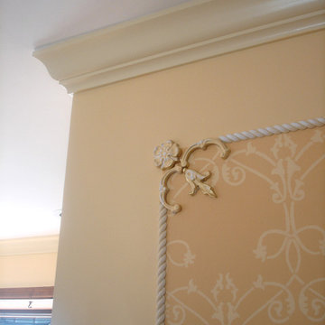 Living room. Mill work. Custom mural. Stencil.