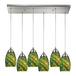 ELK - Vortex 6- Light Satin Nickel Light Glass Vintage Fixture Ceiling Mini Pendant - Pendant Lighting