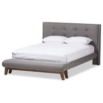 Reena Gray Fabric Full Size Platform Bed With Built-in Bench, Gray, Queen