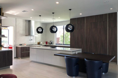 Eat-in kitchen - large modern u-shaped porcelain tile and beige floor eat-in kitchen idea in Houston with an undermount sink, flat-panel cabinets, medium tone wood cabinets, quartz countertops, white backsplash, porcelain backsplash, stainless steel appliances, an island and white countertops