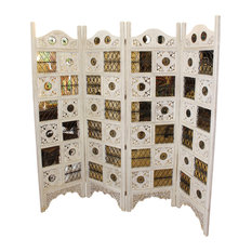 Mogul Interior - Consigned Antique 4-Panel Wood Screens Room Divider Whitewashed Home Decor - Screens and Room Dividers