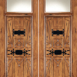AN-2003-2 Mahogany Hand Carved Art Nouveau Forged iron Glass Entry Double Door - Windows And Doors