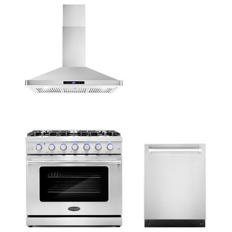 3-Piece, 36" Gas Range 36" Wall Mount Range Hood and 24" Dishwasher