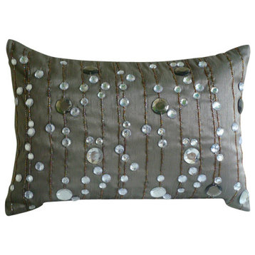 Gray Art Silk 12"x18" Lined Crystals Lumbar Pillow Cover, Diamond Dreams