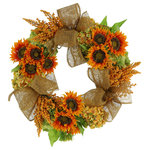 Creative Displays - 26" Sunflower, Hydrangea and Heather Fall Wreath with Burlap Bows - Get your space ready for fall with this beautiful 26" Sunflower, Hydrangea and Heather Fall Wreath with Burlap Bow! Elegant and vibrantly colored flowers adorn this handcrafted wreath, making it the perfect accessory for any home or office. The sunflowers are a striking orange hue, combining perfectly with the orange heather and stunning hydrangeas of both vibrant orange and cool green shades to create an eye-catching and dynamic look. The striking colors draw attention, making this a perfect piece to welcome guests into your home. Its larger size and quality workmanship make it the perfect choice for larger entryways or doors. A large burlap bow adds the perfect touch of rustic charm, completing the look with an earthy chic aesthetic. Best of all, this wreath requires no watering or maintenance and is made of high quality and durable materials, making it an excellent investment in your home with long-lasting results!