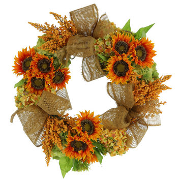26" Sunflower, Hydrangea and Heather Fall Wreath with Burlap Bows