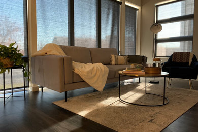 Living room - small transitional enclosed dark wood floor and gray floor living room idea in Columbus with beige walls and a tv stand