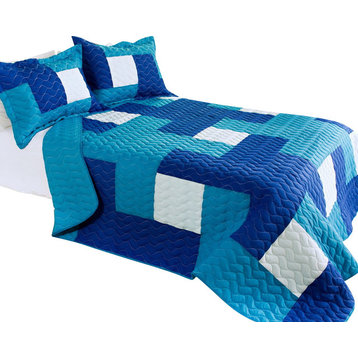 Blue Hour Cotton 3PC Vermicelli-Quilted Patchwork Quilt Set (Full/Queen Size)