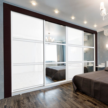 Modern Bypass Sliding Doors with White Glass & Mirror Glass Panels Inserts, 120"x80" Inches