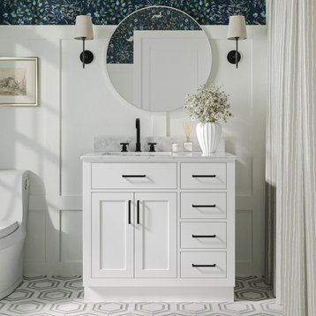 Ariel Hepburn 37" Left Rectangle Sink Vanity, White, 0.75" Carrara Marble