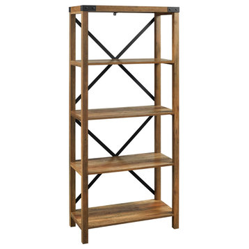 Industrial Bookcase, Open Shelves With X-Metal Back Support, Reclaimed Barnwood