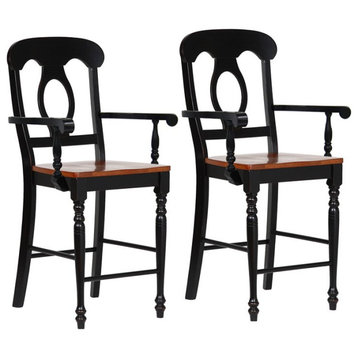 Sunset Trading Black Cherry Selections Arm Wood Barstool in Black (Set of 2)