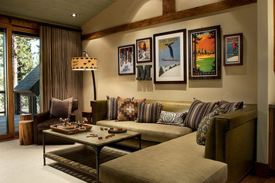 Inspiration for a rustic dark wood floor living room remodel in Sacramento with beige walls