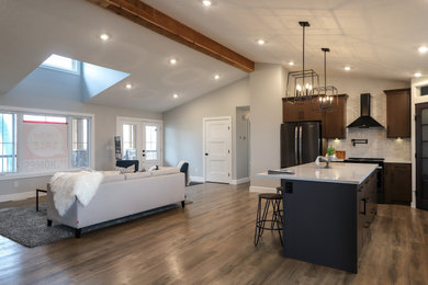 Living room - large farmhouse open concept vinyl floor and brown floor living room idea in Other with gray walls, a two-sided fireplace and a plaster fireplace